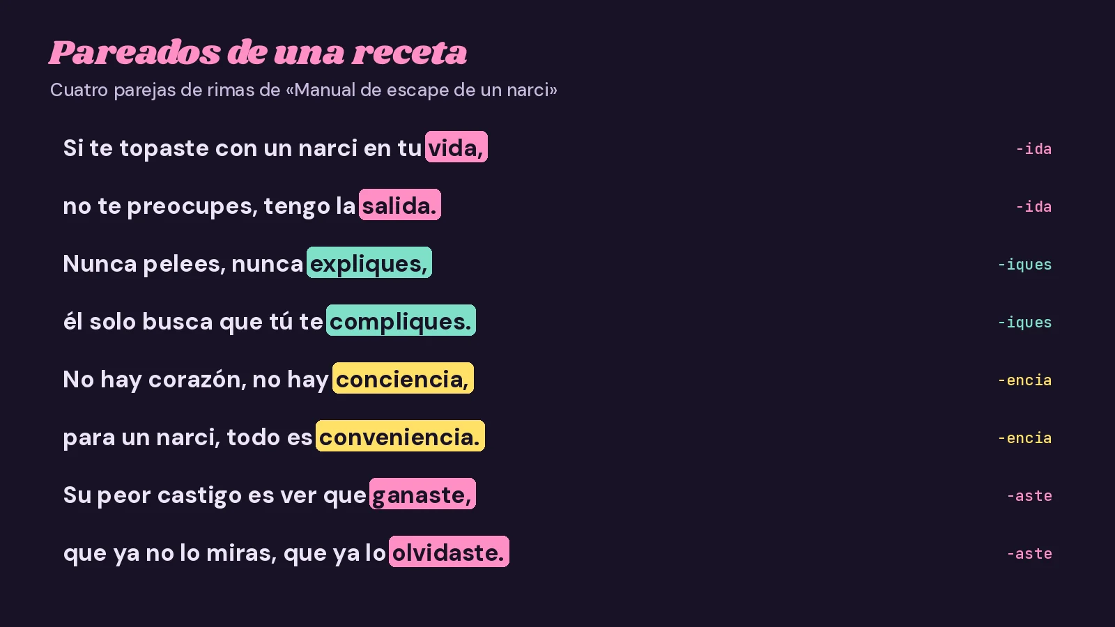 Tarjeta tipográfica oscura con ocho versos de «Manual de escape de un narci» y sus finales resaltados por parejas de rima: vida y salida, expliques y compliques, conciencia y conveniencia, ganaste y olvidaste