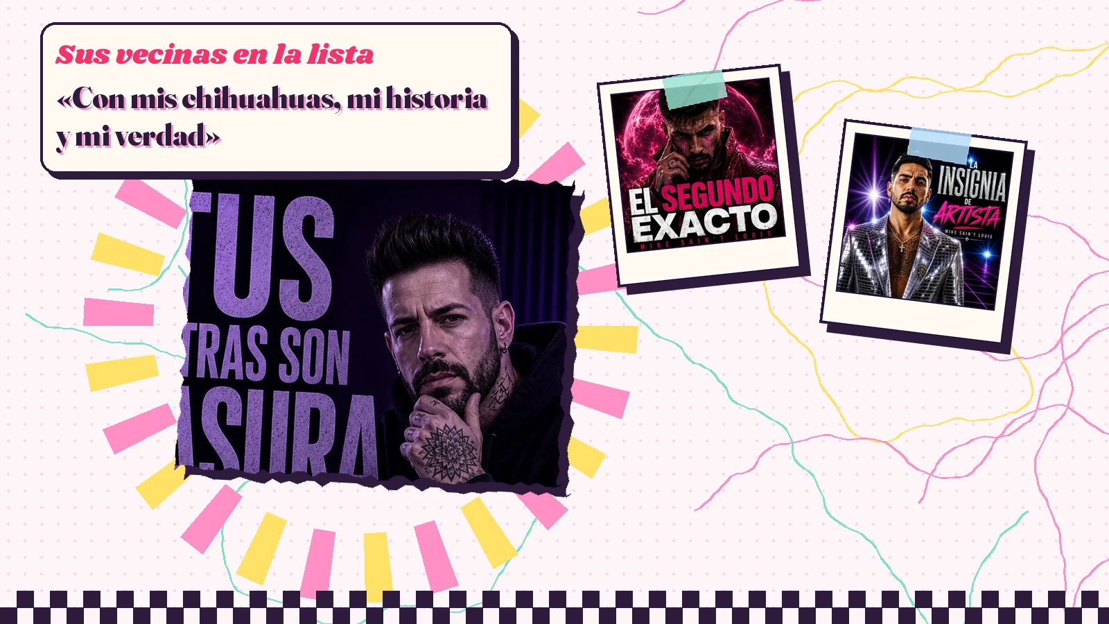 Collage con un detalle de la carátula de «Tus letras son basura» y las carátulas de «El segundo exacto», «La insignia de artista»