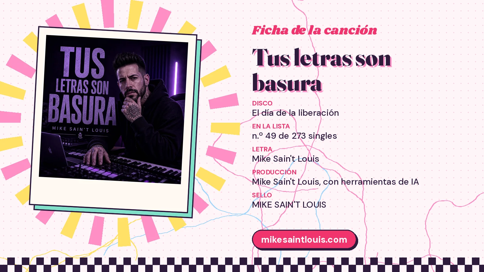 Ficha de la canción «Tus letras son basura» con su carátula: disco «El día de la liberación», letra y producción de Mike Sain't Louis