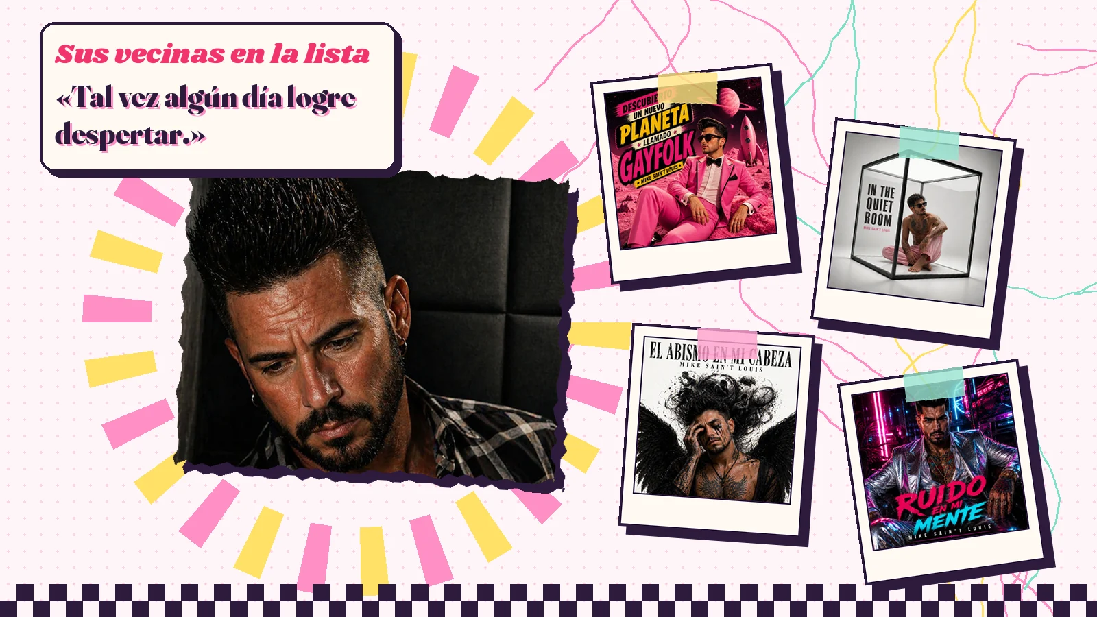 Collage con un detalle de la carátula de «Entre cuatro paredes» y las carátulas de «Descubierto un nuevo planeta llamado Gayfolk», «In the Quiet Room», «El abismo en mi cabeza», «Ruido en mi mente»