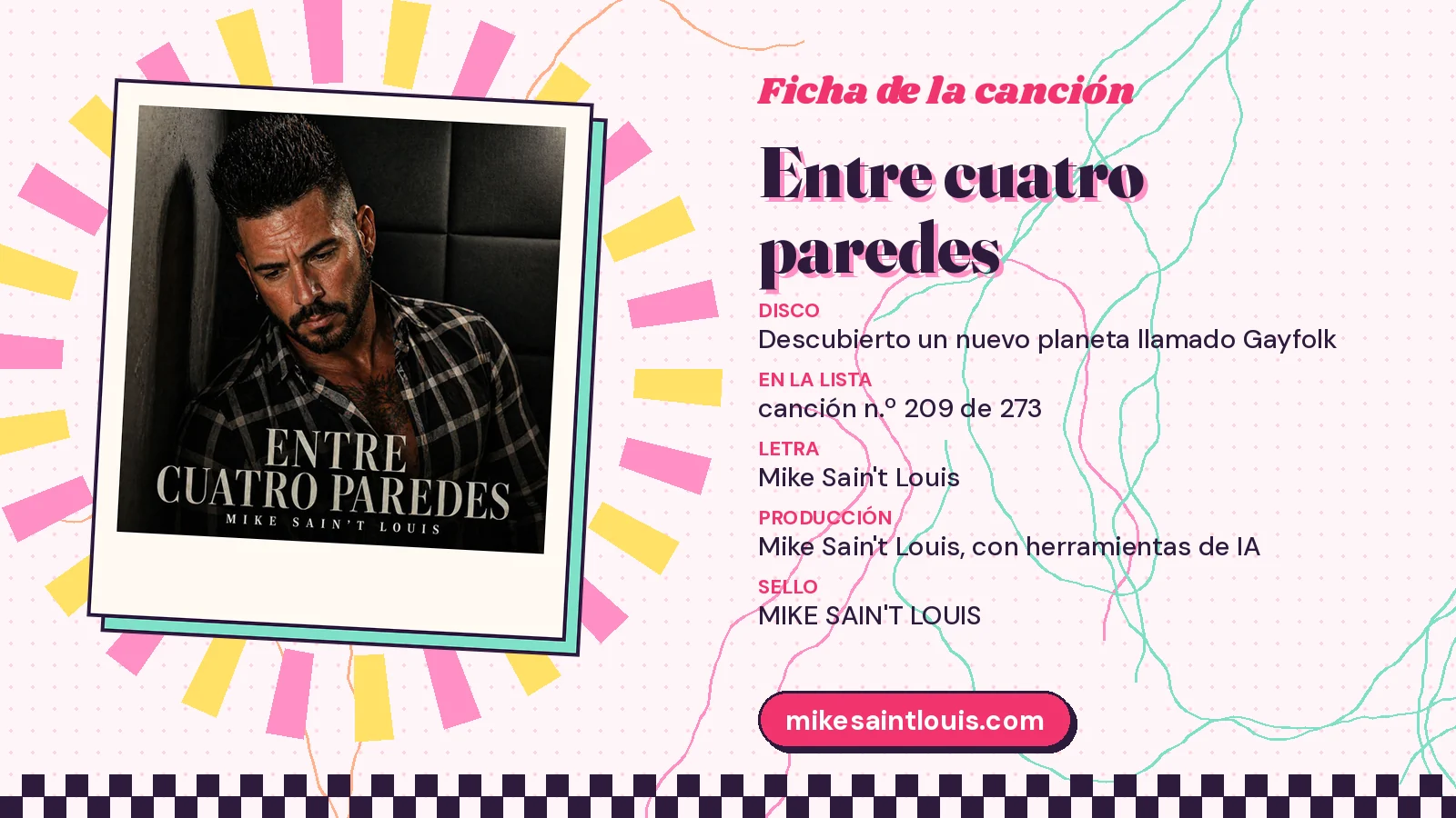 Ficha de la canción «Entre cuatro paredes» con su carátula: disco «Descubierto un nuevo planeta llamado Gayfolk», letra y producción de Mike Sain't Louis