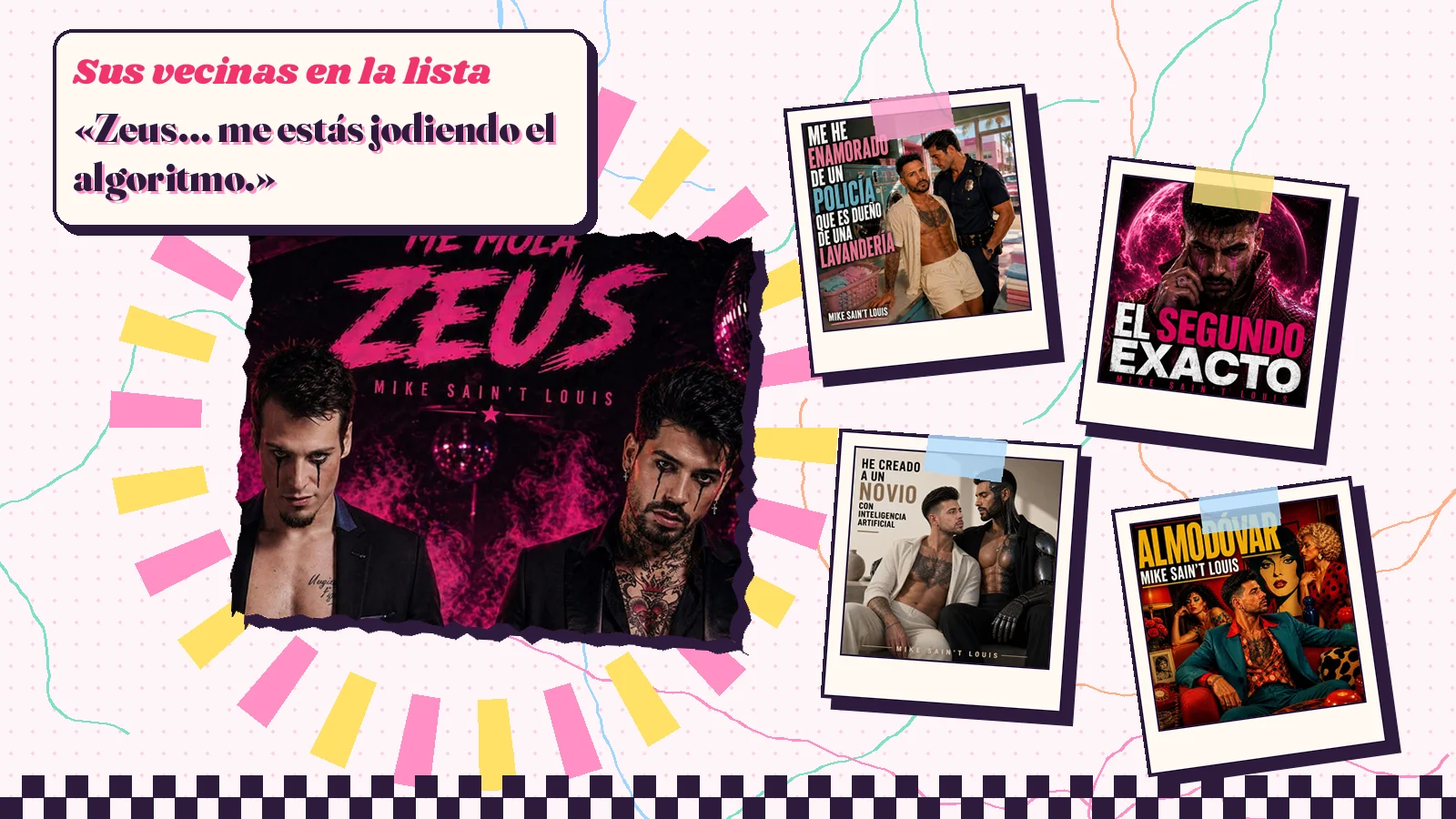 Collage con un detalle de la carátula de «Me mola Zeus» y las carátulas de «Me he enamorado de un policía que es dueño de una lavandería», «El segundo exacto», «He creado un novio con inteligencia artificial», «Almodóvar»