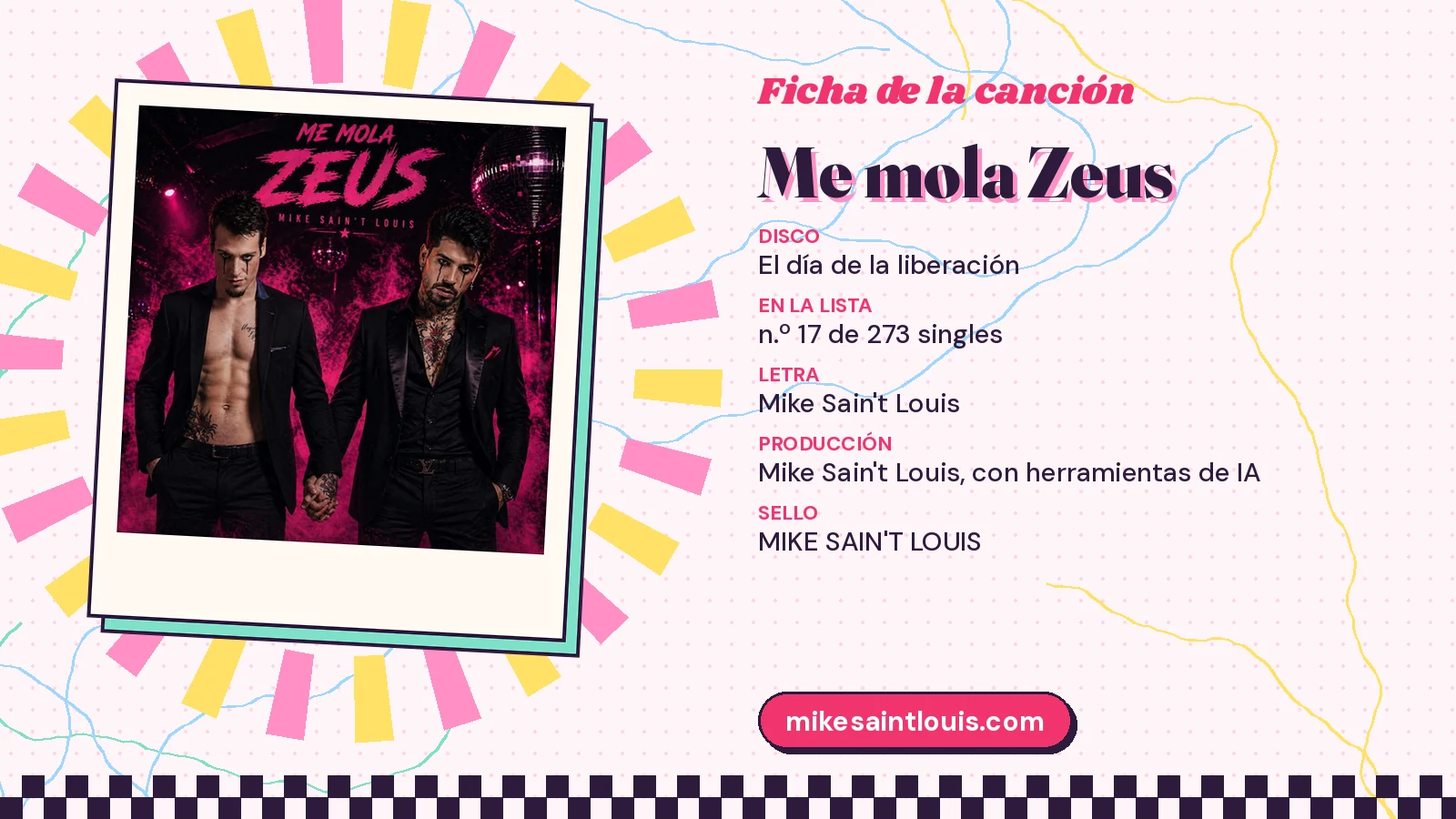 Ficha de la canción «Me mola Zeus» con su carátula: disco «El día de la liberación», letra y producción de Mike Sain't Louis