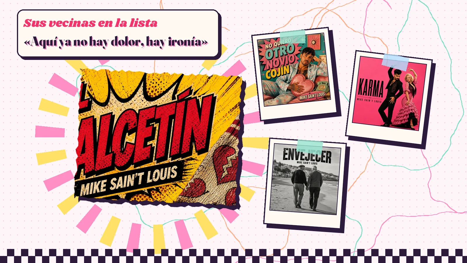 Collage con un detalle de la carátula de «El calcetín» y las carátulas de «No quiero otro novio cojín», «Karma», «Envejecer»