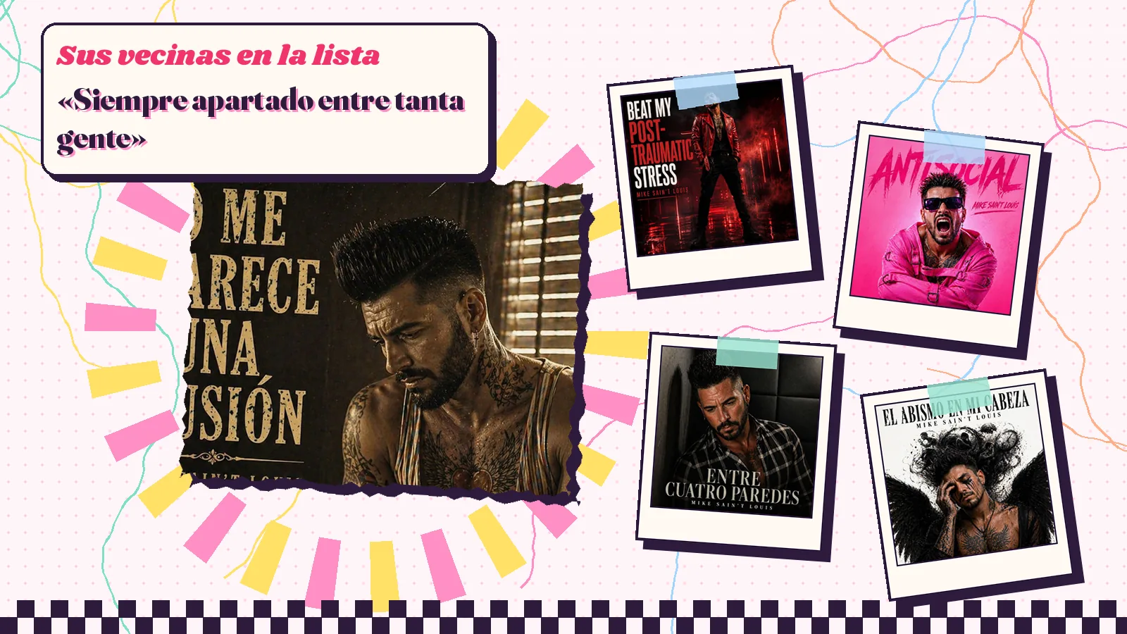 Collage con un detalle de la carátula de «No me aparece una ilusión» y las carátulas de «Beat My Post-Traumatic Stress», «Antisocial», «Entre cuatro paredes», «El abismo en mi cabeza»