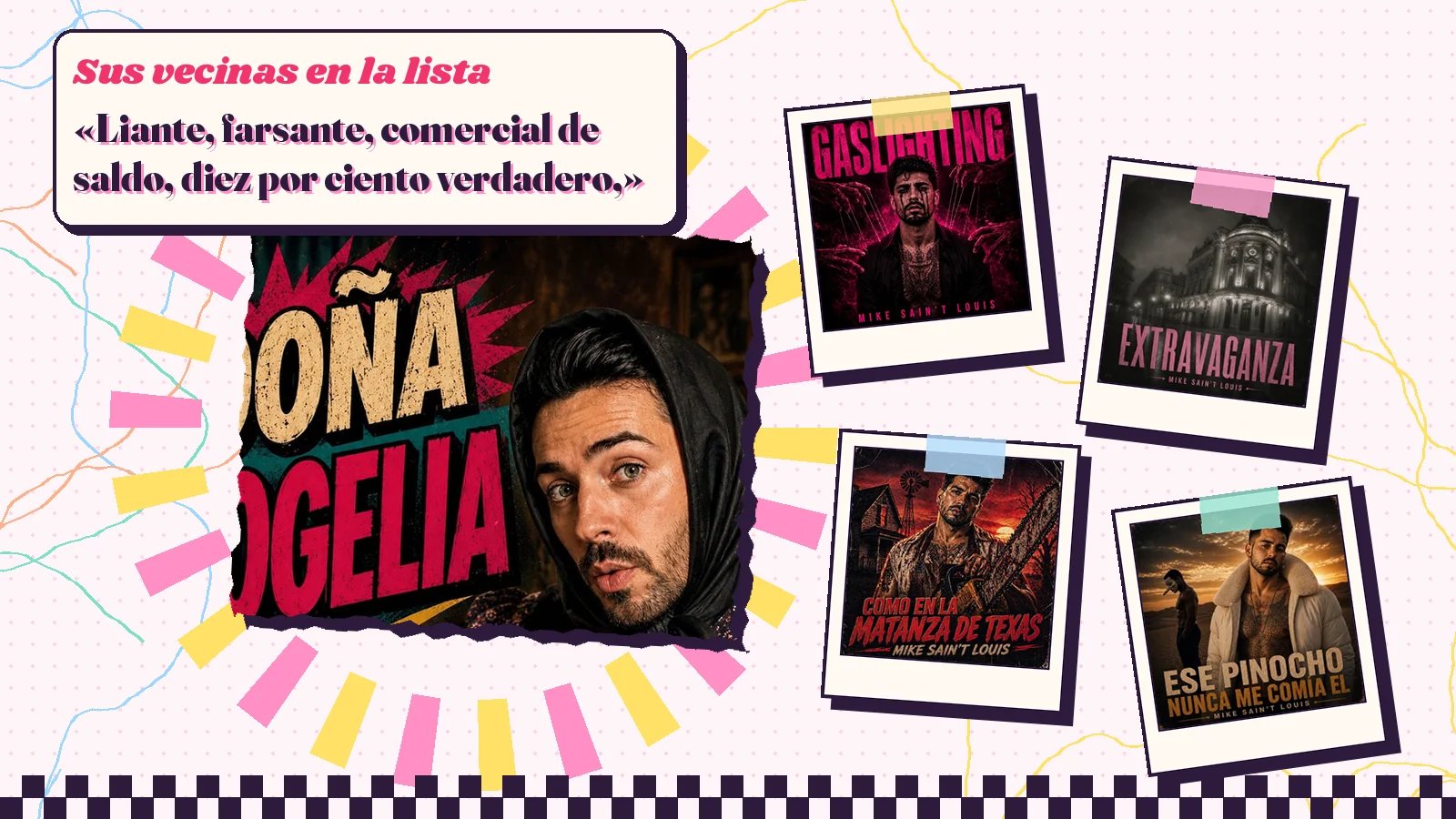 Collage con un detalle de la carátula de «Doña Rogelia» y las carátulas de «Gaslighting», «Extravaganza», «Como en la matanza de Texas», «Ese Pinocho nunca me comía el chocho»