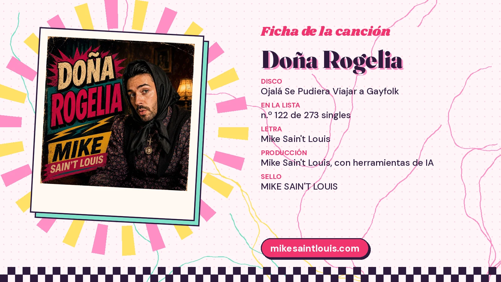 Ficha de la canción «Doña Rogelia» con su carátula: disco «Ojalá Se Pudiera Viajar a Gayfolk», letra y producción de Mike Sain't Louis