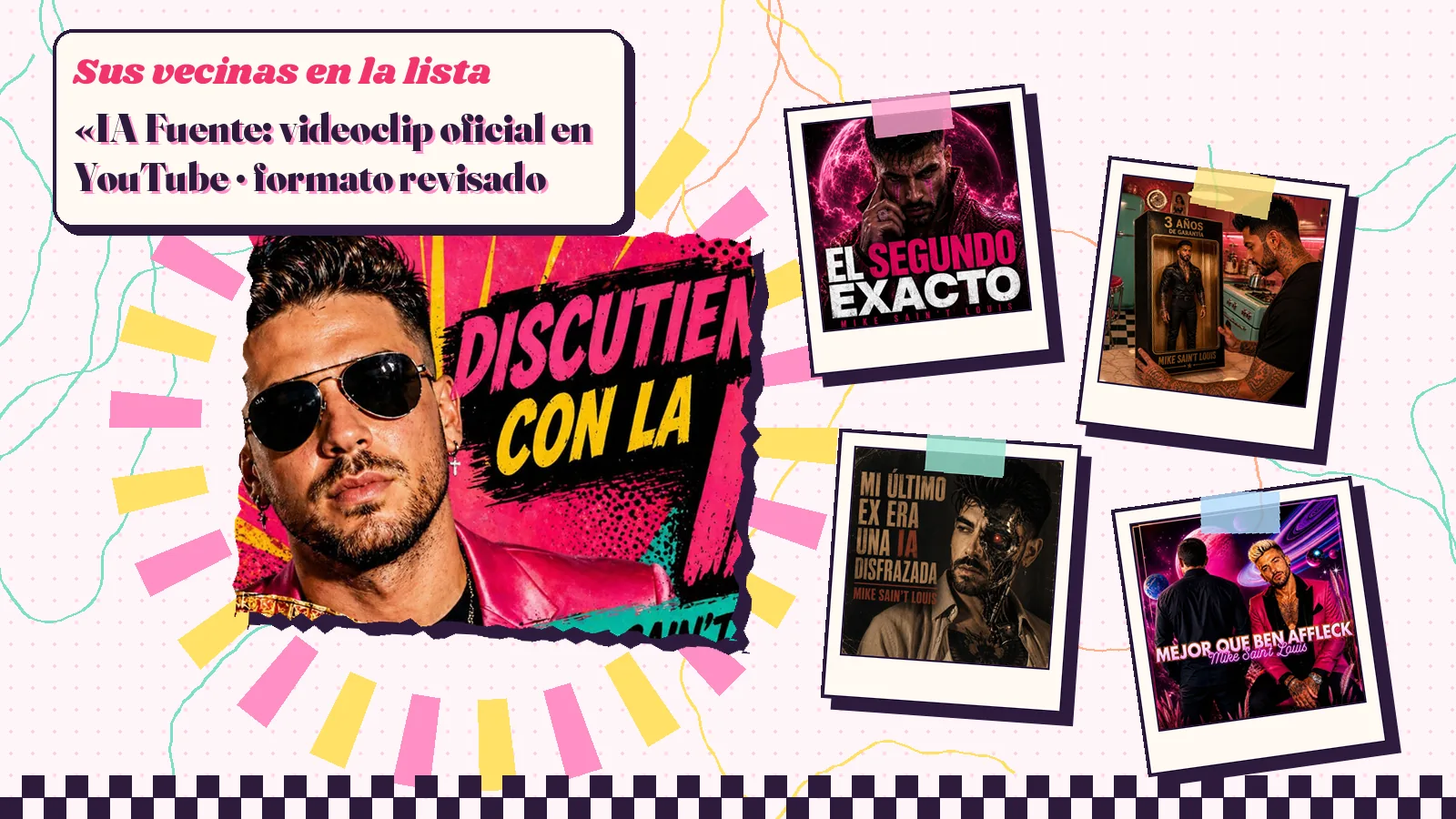 Collage con un detalle de la carátula de «Discutiendo con la IA» y las carátulas de «El segundo exacto», «3 años de garantía», «Mi último ex era una IA disfrazada», «Mejor que Ben Affleck»