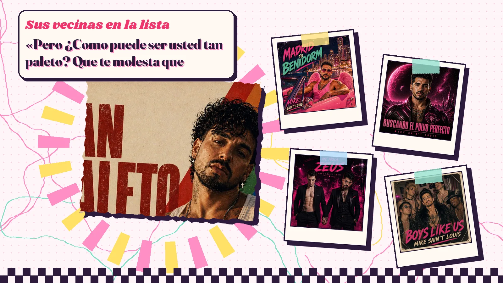 Collage con un detalle de la carátula de «Tan paleto» y las carátulas de «Madrid to Benidorm», «Buscando el polvo perfecto», «Me mola Zeus», «Boys Like Us»