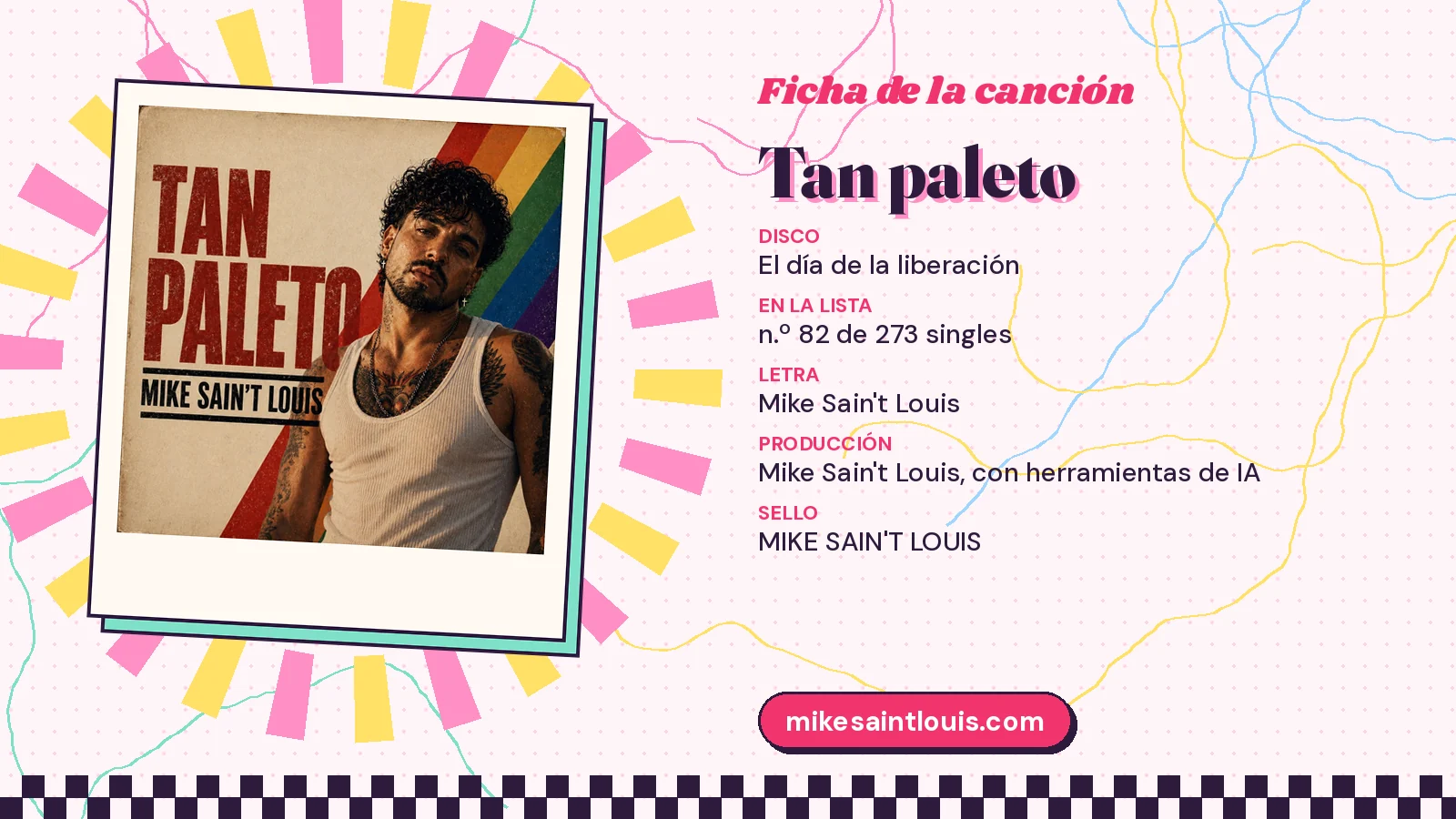 Ficha de la canción «Tan paleto» con su carátula: disco «El día de la liberación», letra y producción de Mike Sain't Louis