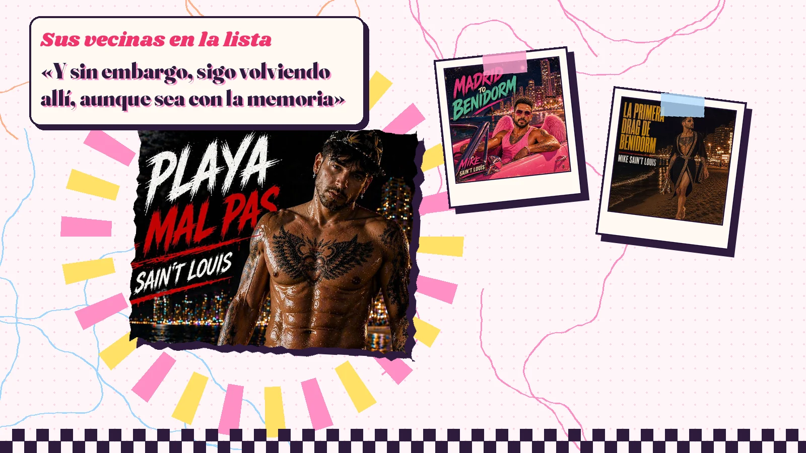 Collage con un detalle de la carátula de «La Playa del Mal Pas» y las carátulas de «Madrid to Benidorm», «La primera drag de Benidorm»