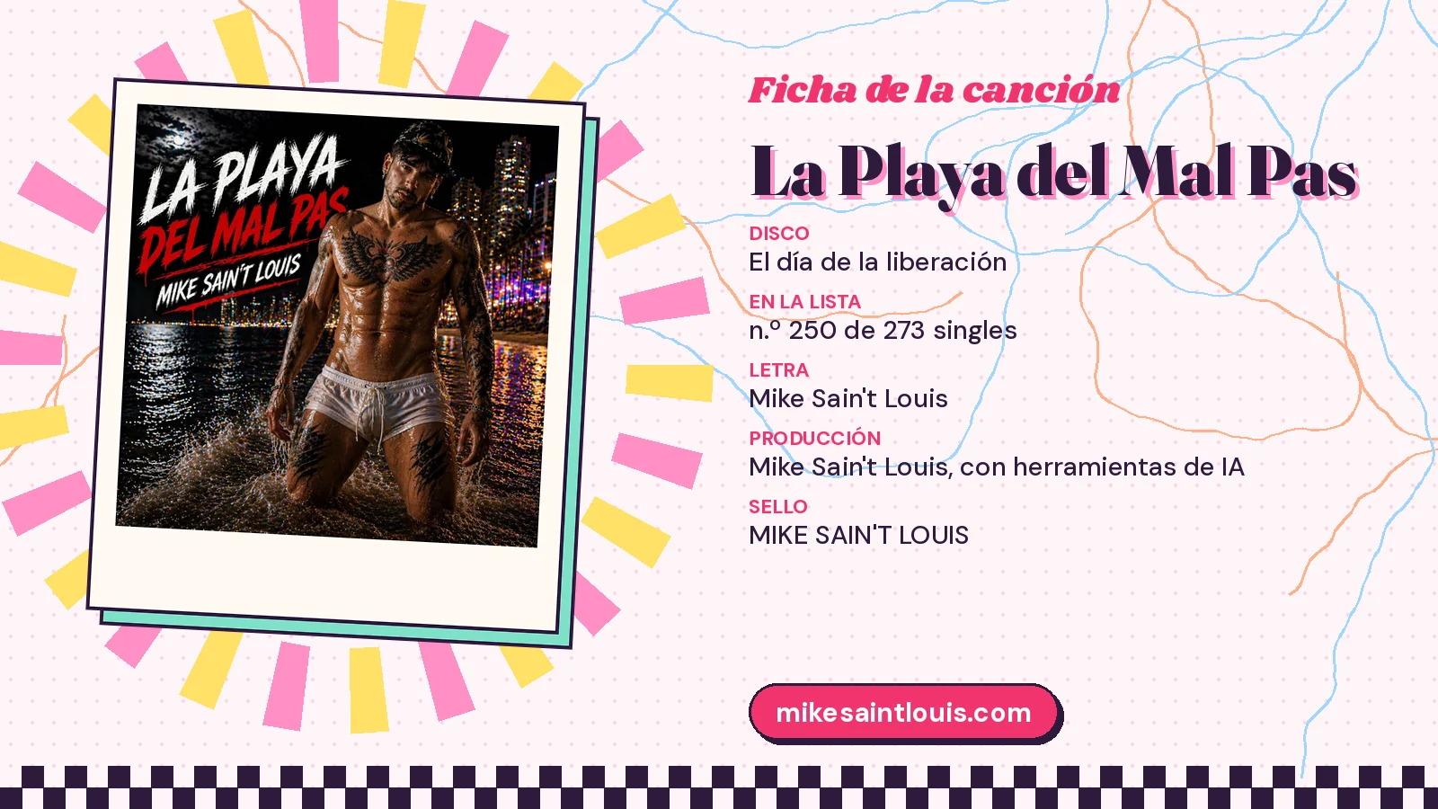 Ficha de la canción «La Playa del Mal Pas» con su carátula: disco «El día de la liberación», letra y producción de Mike Sain't Louis