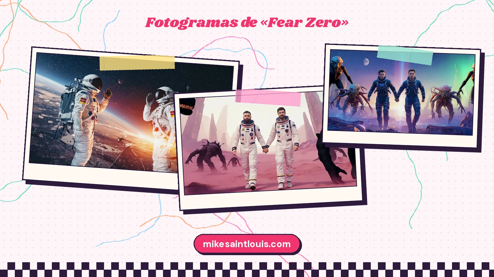 Tres fotogramas del videoclip de «Fear Zero»: dos astronautas flotando sobre la Tierra al amanecer, una pareja de traje blanco caminando de la mano entre bestias negras y dos astronautas de azul entre criaturas en un planeta morado