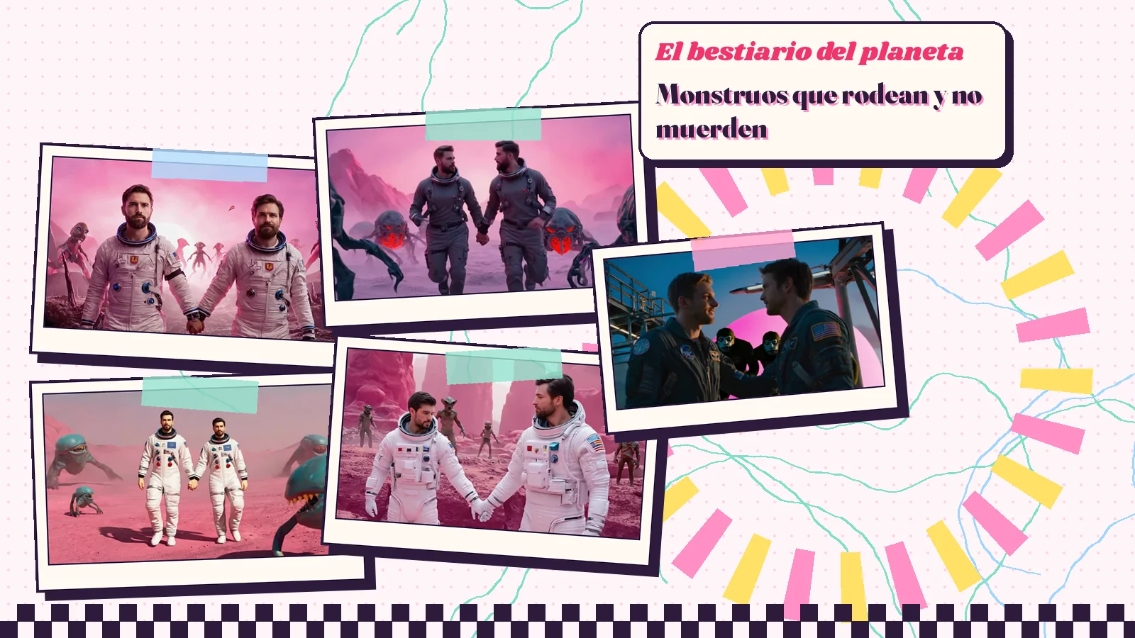 Collage de cinco fotogramas de «Fear Zero» con astronautas de la mano en un planeta rosa rodeados de criaturas extraterrestres y dos pilotos al pie de una torre de lanzamiento, con el texto «Monstruos que rodean y no muerden»