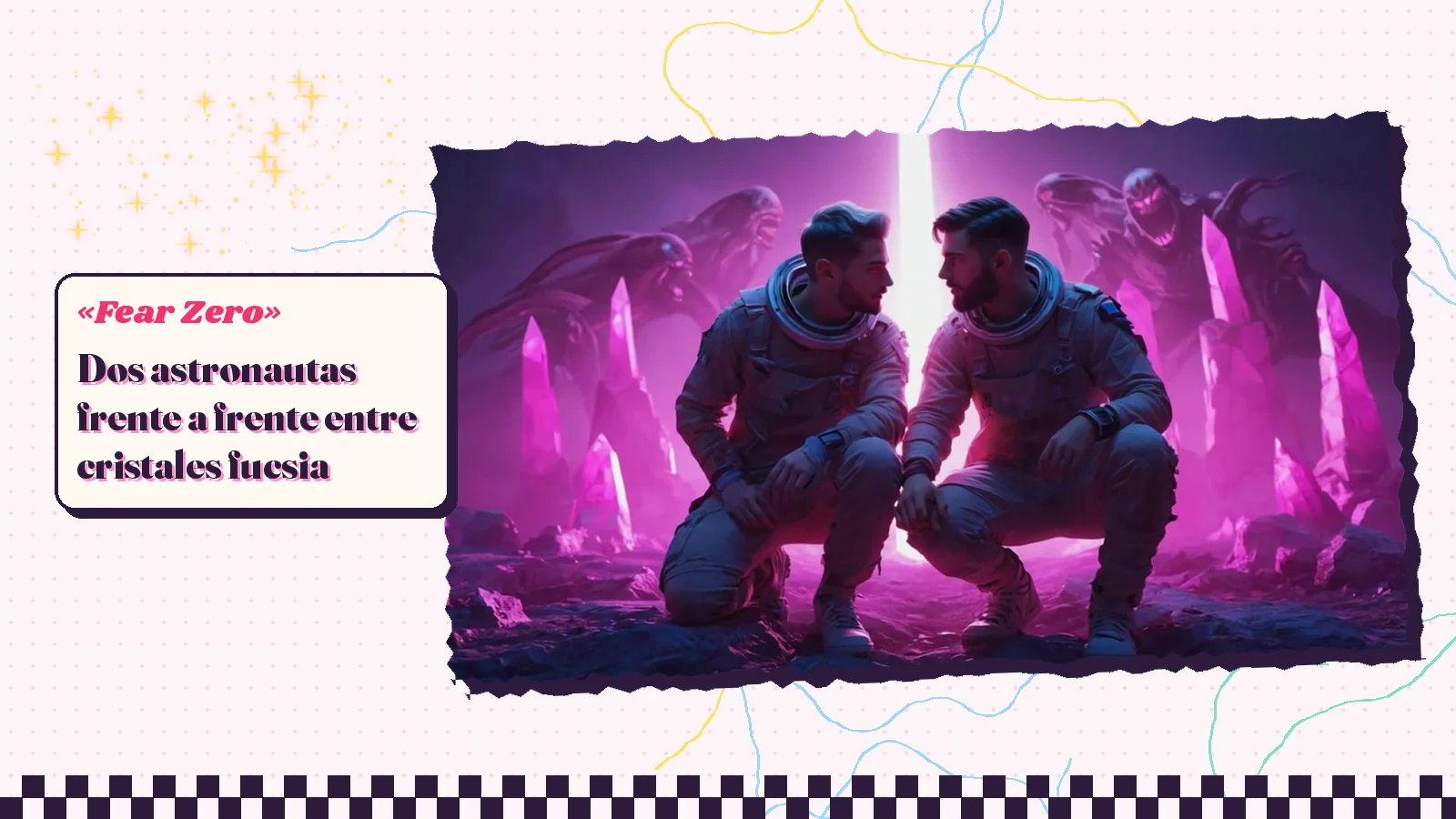 Fotograma de «Fear Zero» con dos astronautas de traje azul agachados frente a frente entre cristales fucsia gigantes y criaturas en la penumbra