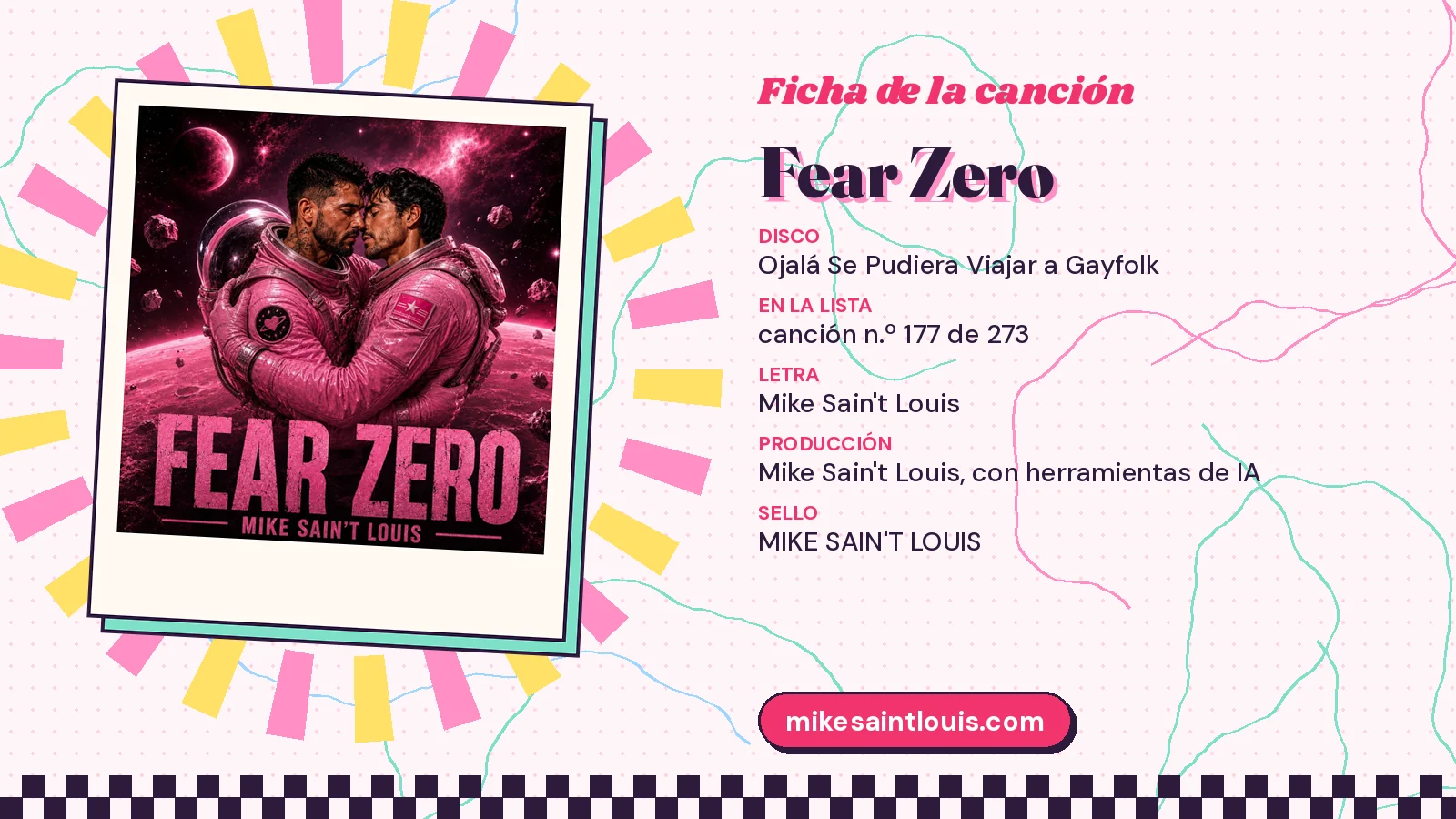 Ficha de «Fear Zero» con su carátula rosa de dos astronautas abrazados, el segundo disco «Ojalá se pudiera viajar a Gayfolk» y el puesto 177 de 273 en la lista de canciones