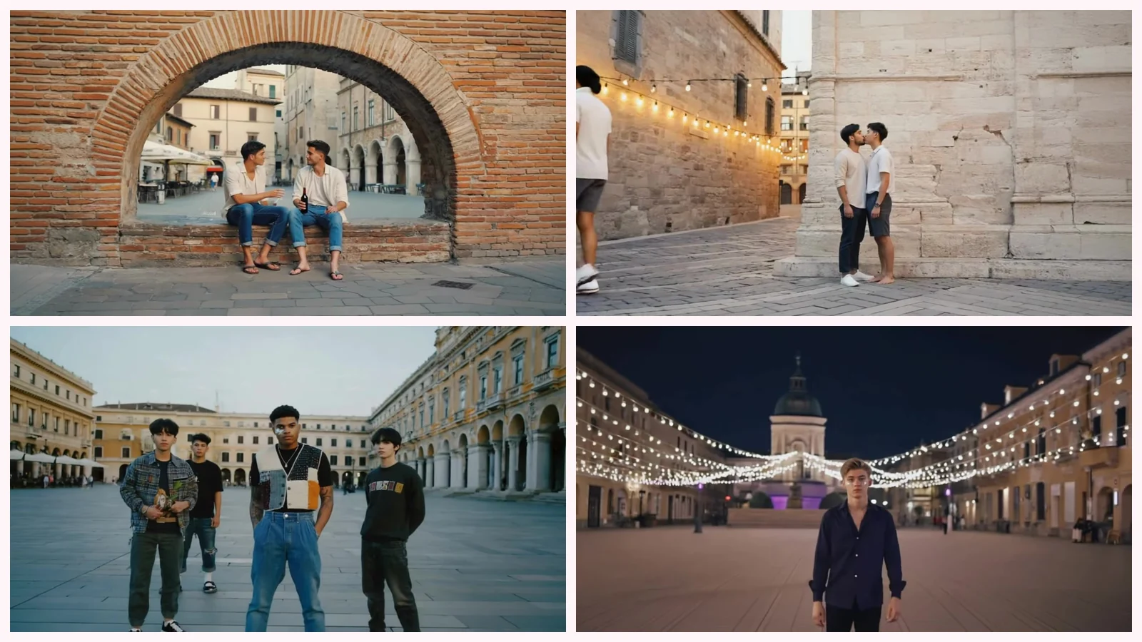 Mosaico de cuatro fotogramas del videoclip de «Boys from the Village»: dos chicos riéndose sentados dentro de un arco de ladrillo rojo, un chico paseando junto a un muro de sillares mientras otra pareja se abraza, tres chicos en una gran plaza con soportales y un chico solo bajo un techo de guirnaldas encendidas con una torre de cúpula lila al fondo