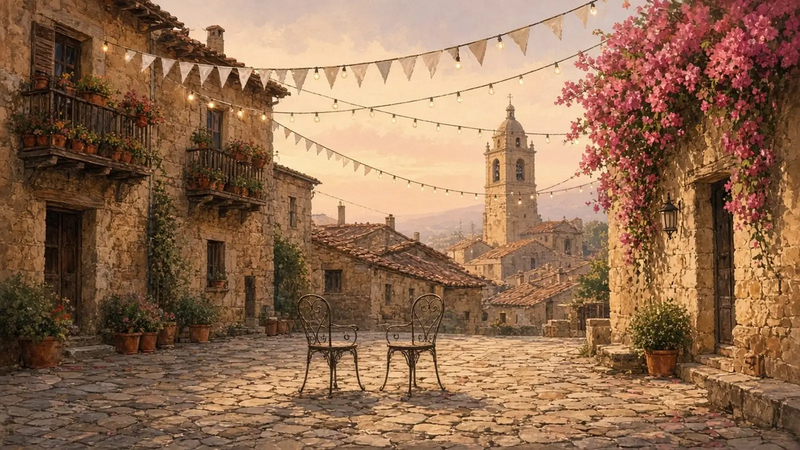 Ilustración sin personas de una plaza de pueblo de piedra al amanecer, con guirnaldas de bombillas y banderines de papel, dos sillas de forja vacías frente a frente, buganvilla en una pared y un campanario al fondo