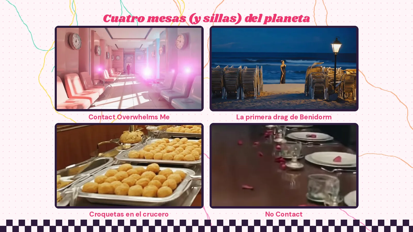 Cuatro fotogramas de videoclips de Mike Sain't Louis: la sala de espera rosa de «Contact Overwhelms Me», las sillas apiladas en la playa de «La primera drag de Benidorm», las bandejas de croquetas de «Croquetas en el crucero» y la mesa con pétalos de «No Contact»