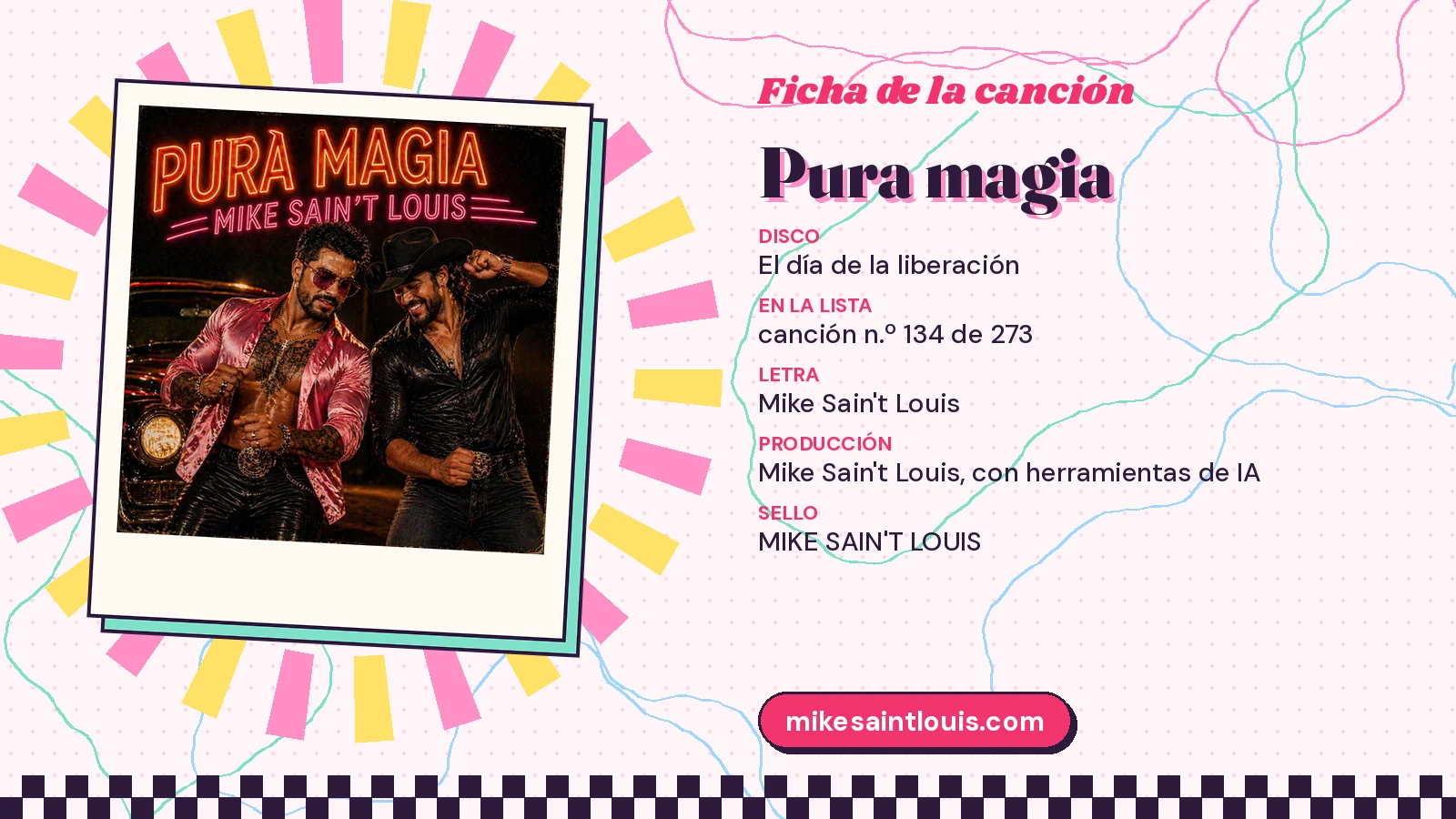 Ficha de «Pura magia» con su carátula: disco «El día de la liberación», canción 134 de 273, letra y producción de Mike Sain't Louis