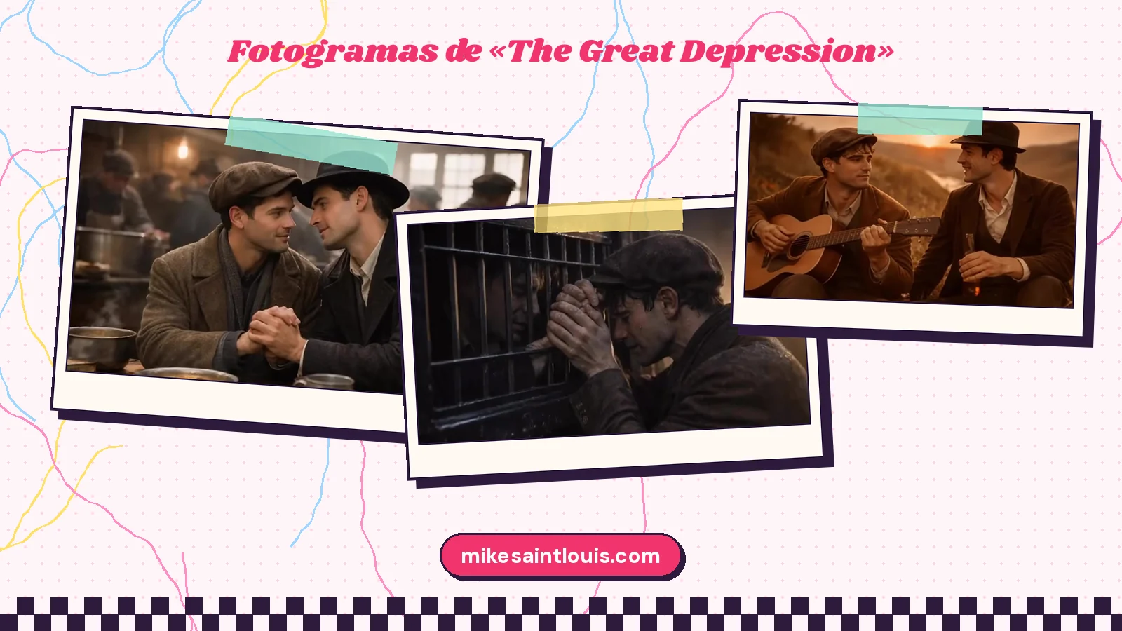 Tres planos del clip de «The Great Depression»: los dos hombres de 1929 con las manos unidas en un comedor, el de la gorra pegado a una ventana con rejas y la guitarra en una colina al atardecer