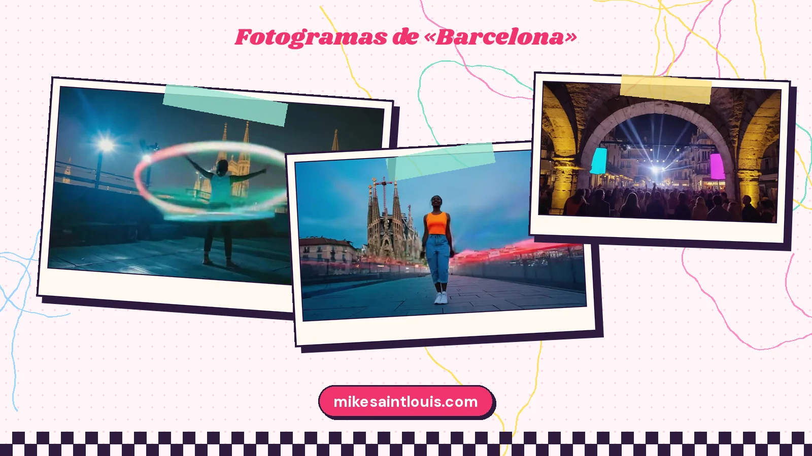 Tres fotogramas del videoclip de «Barcelona»: una bailarina dentro de un aro de luz ante unas torres góticas, una chica de top naranja frente a unas torres con grúas y una multitud bajo unas arcadas iluminadas