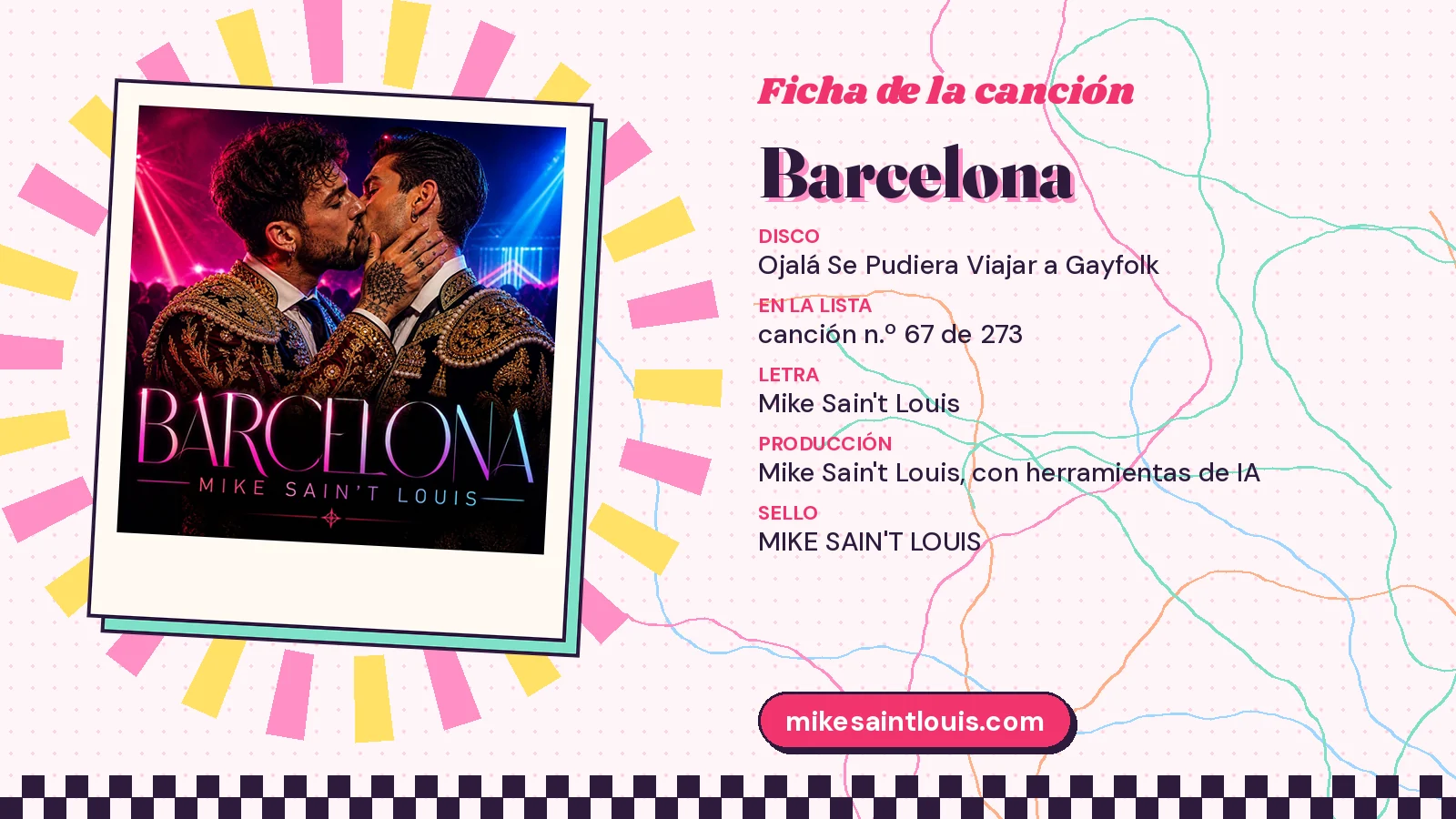 Ficha de «Barcelona» con su carátula de dos toreros: disco «Ojalá se pudiera viajar a Gayfolk», letra y producción de Mike Sain't Louis