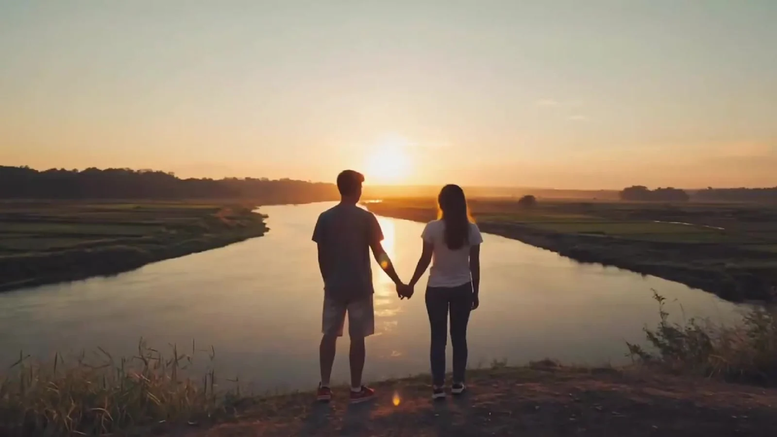 Fotograma del videoclip de «Que isso»: una pareja de espaldas, de la mano, en la orilla de un río ancho que refleja el sol poniéndose en el horizonte