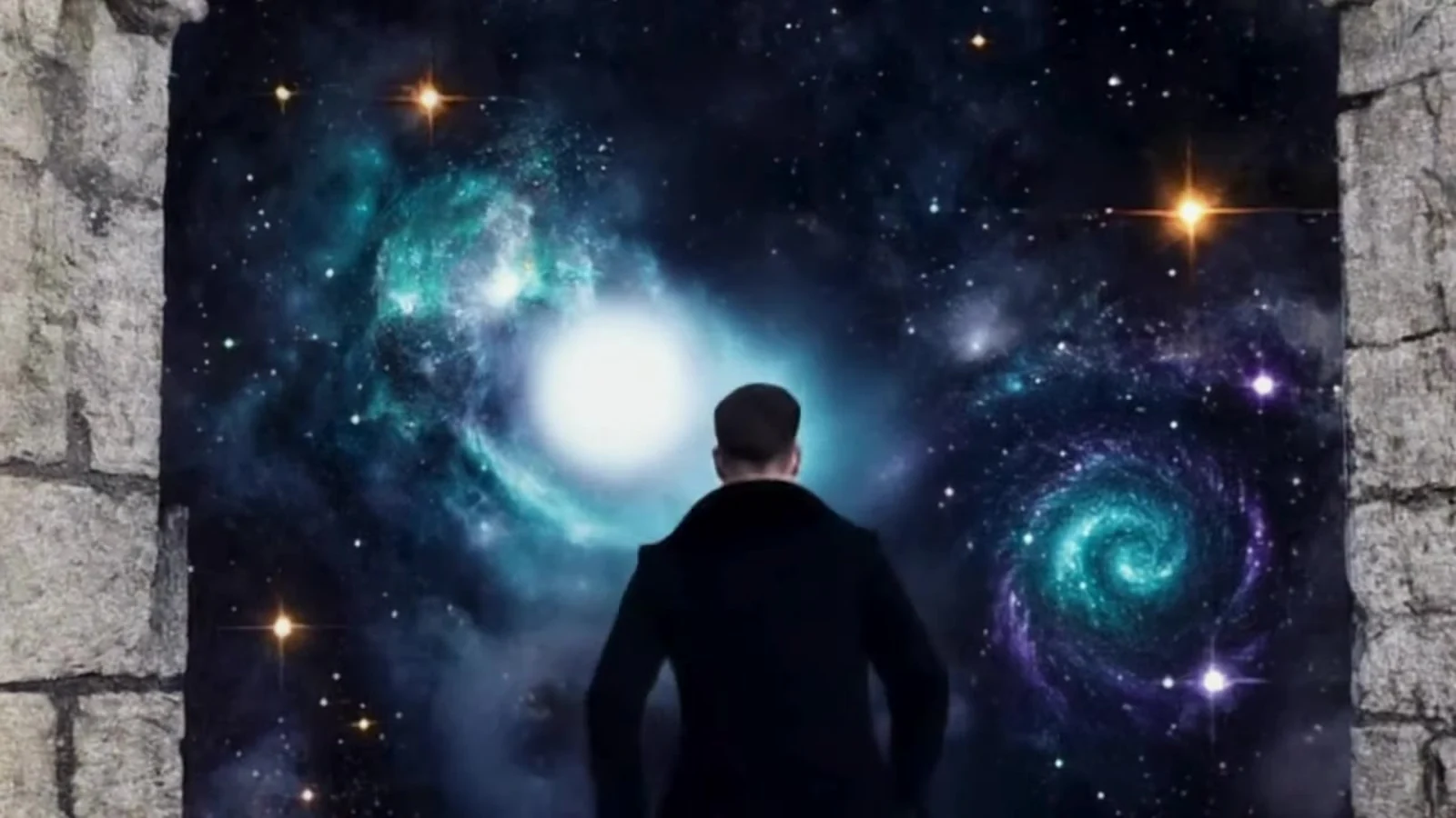 Fotograma del videoclip de «Punto muerto»: un hombre con abrigo negro, de espaldas, entre dos muros de piedra gris abiertos a una nebulosa azul verdosa