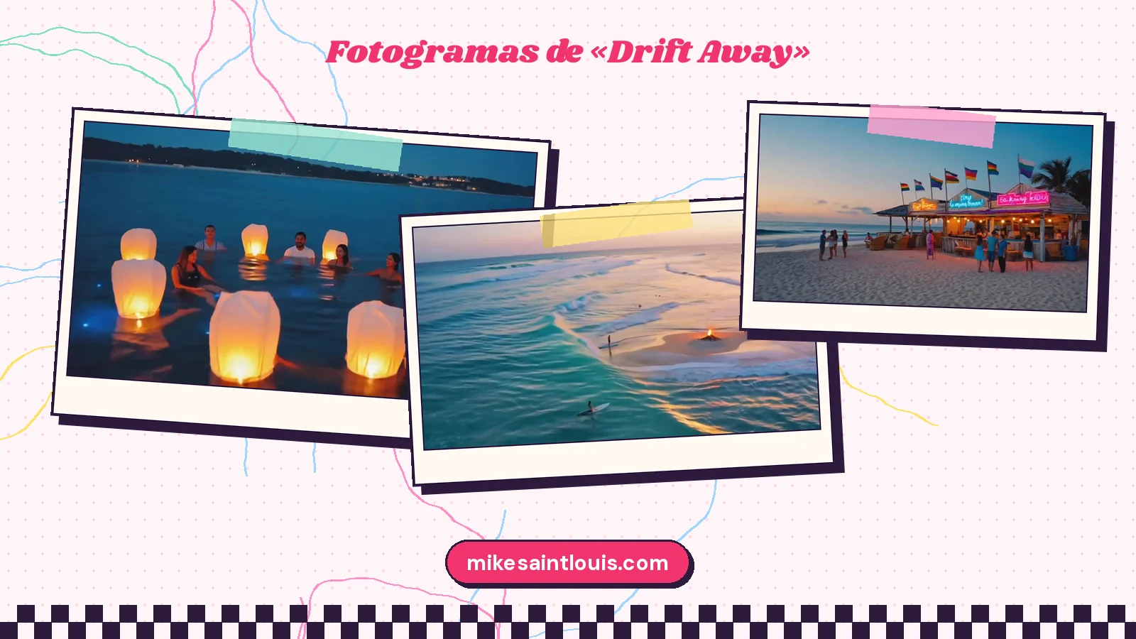 Tres momentos de la noche y el anochecer en «Drift Away»: farolillos encendidos flotando entre bañistas, una hoguera en un banco de arena y un chiringuito con banderas