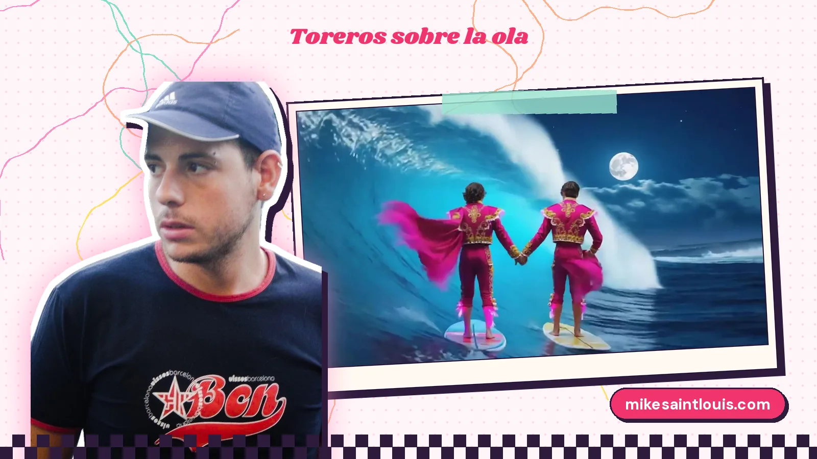 Mike Sain't Louis con gorra azul junto a dos toreros de rosa fluorescente que surfean de la mano dentro de una ola bajo la luna, del videoclip de «Drift Away»