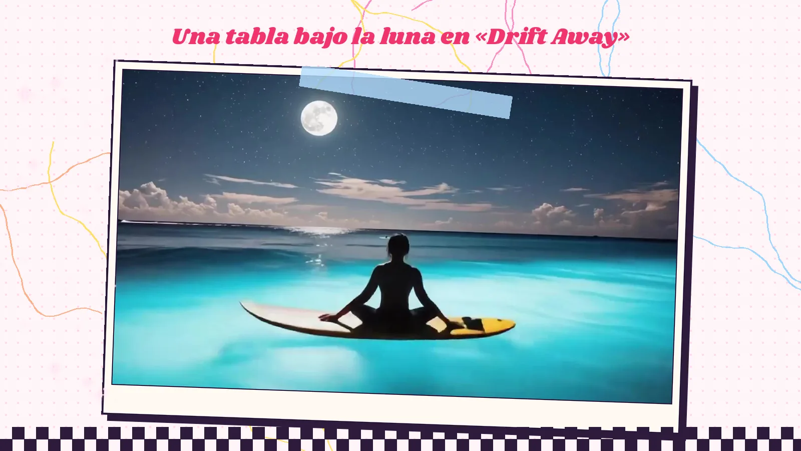 Una silueta sentada con las piernas cruzadas sobre una tabla de surf en un mar turquesa iluminado bajo la luna llena, fotograma de «Drift Away»