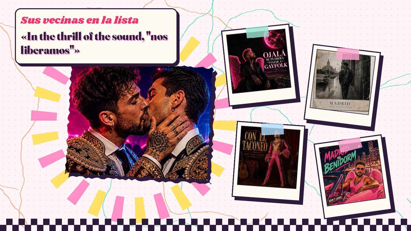 Collage with a detail of the «Barcelona» cover art and the covers of «Ojalá se pudiera viajar a GAYFOLK», «Madrid», «Con el taconeo» and «Madrid to Benidorm»