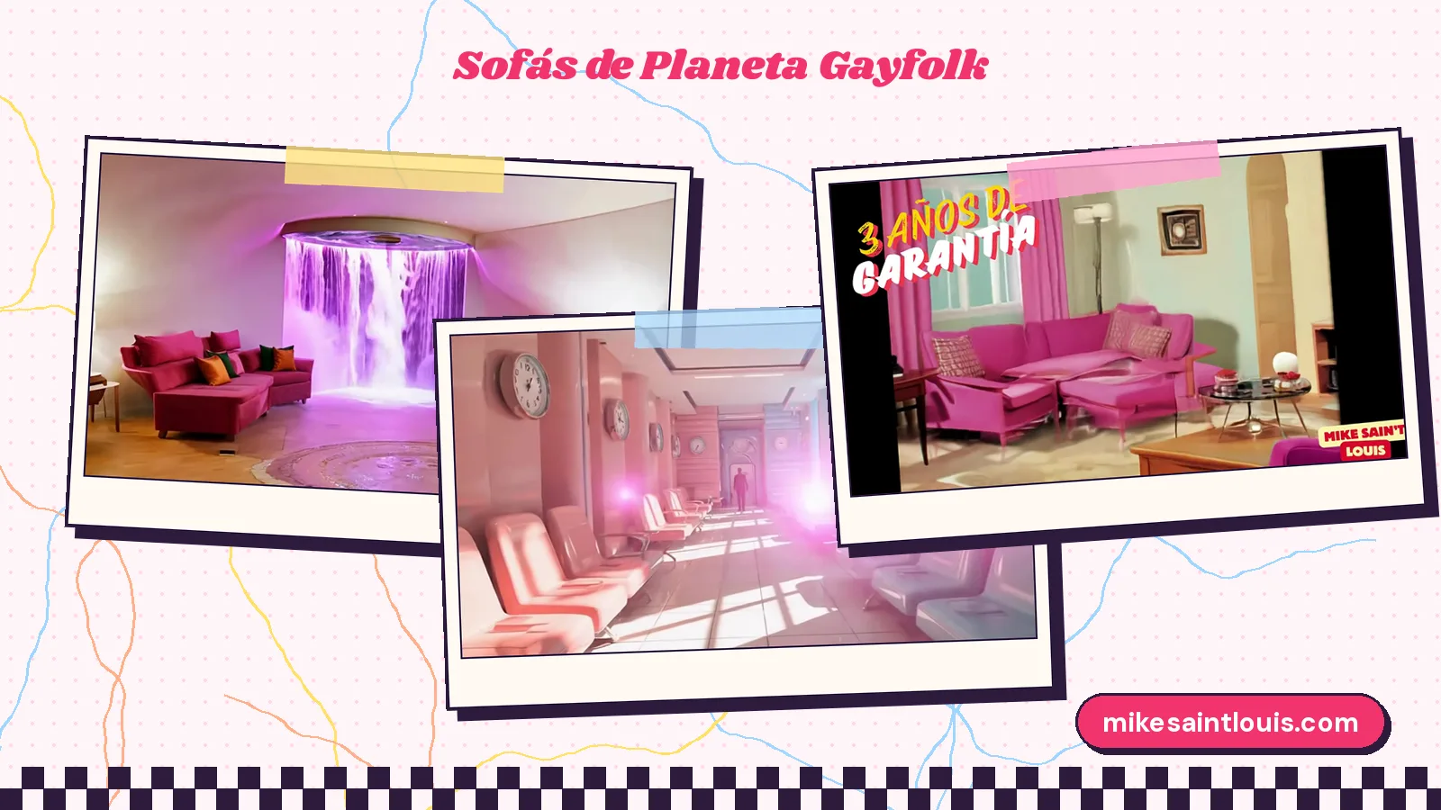 Tres fotogramas de videoclips de Mike Sain't Louis con sofás: un salón con sofás rojos y una cascada morada en «La vecina cotilla», una sala de espera rosa en «Contact Overwhelms Me» y un sofá rosa en «3 años de garantía»