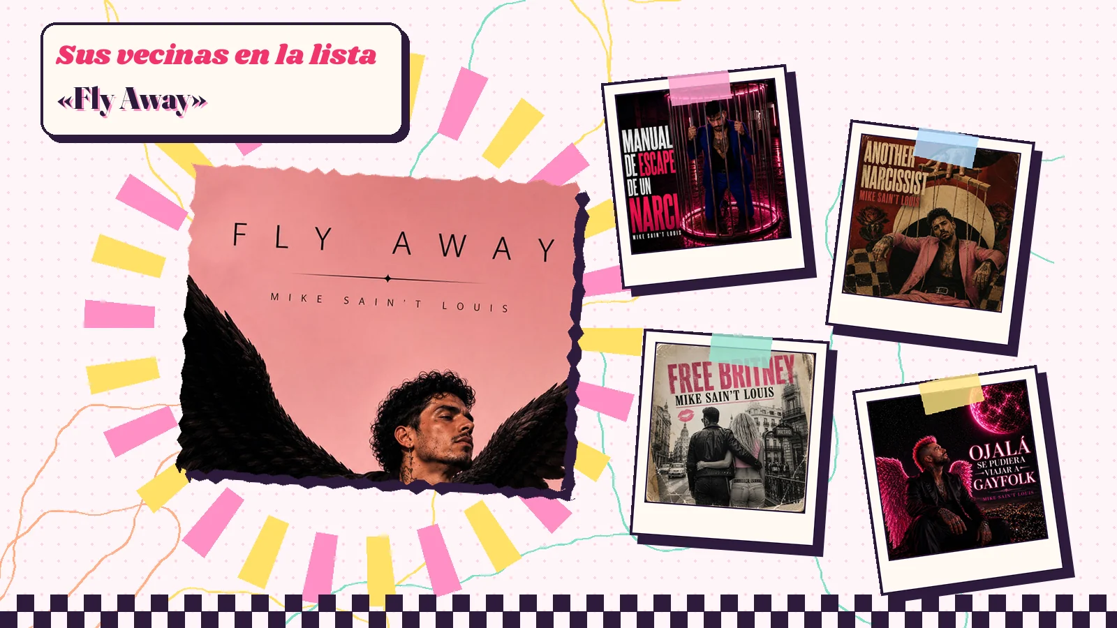 Collage con un detalle de la carátula de «Fly Away» y las carátulas de «Manual de escape de un narci», «Another Narcissist», «Free Britney», «Ojalá se pudiera viajar a Gayfolk»