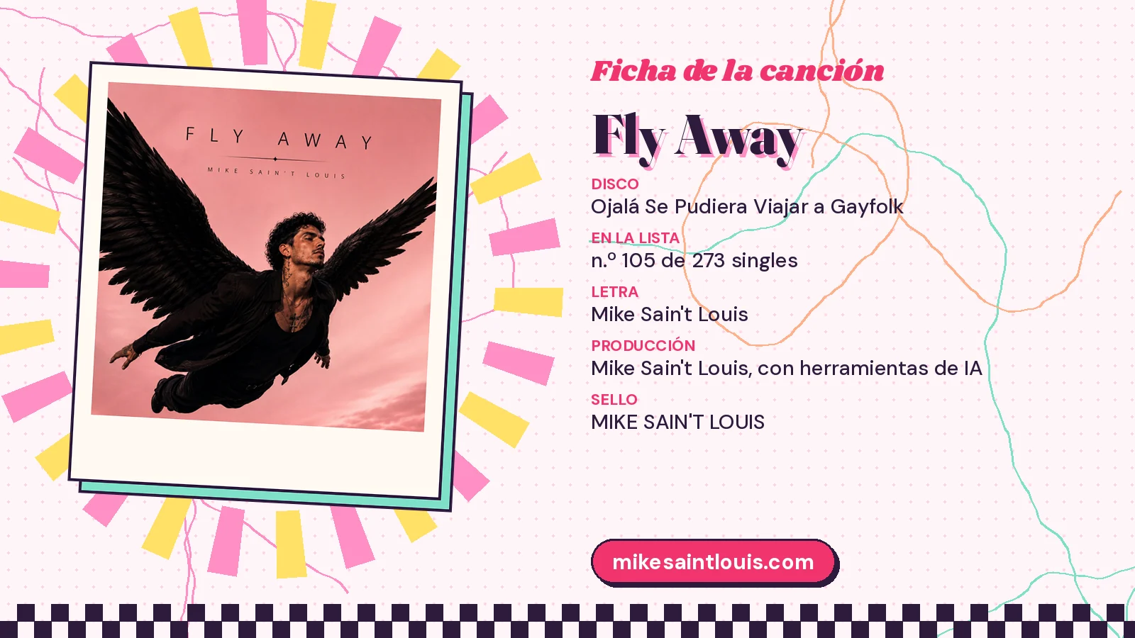 Ficha de la canción «Fly Away» con su carátula: disco «Ojalá Se Pudiera Viajar a Gayfolk», letra y producción de Mike Sain't Louis