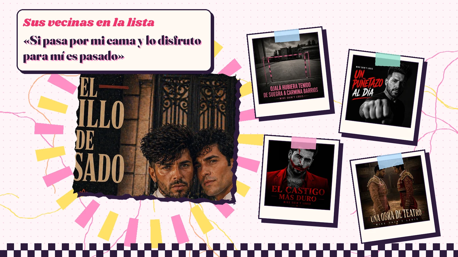 Collage with a detail of the «El anillo de casado» cover art and the covers of «Ojalá hubiera tenido de suegra a Carmina Barrios», «Un puñetazo al dia», «El castigo más duro» and «Una obra de teatro»