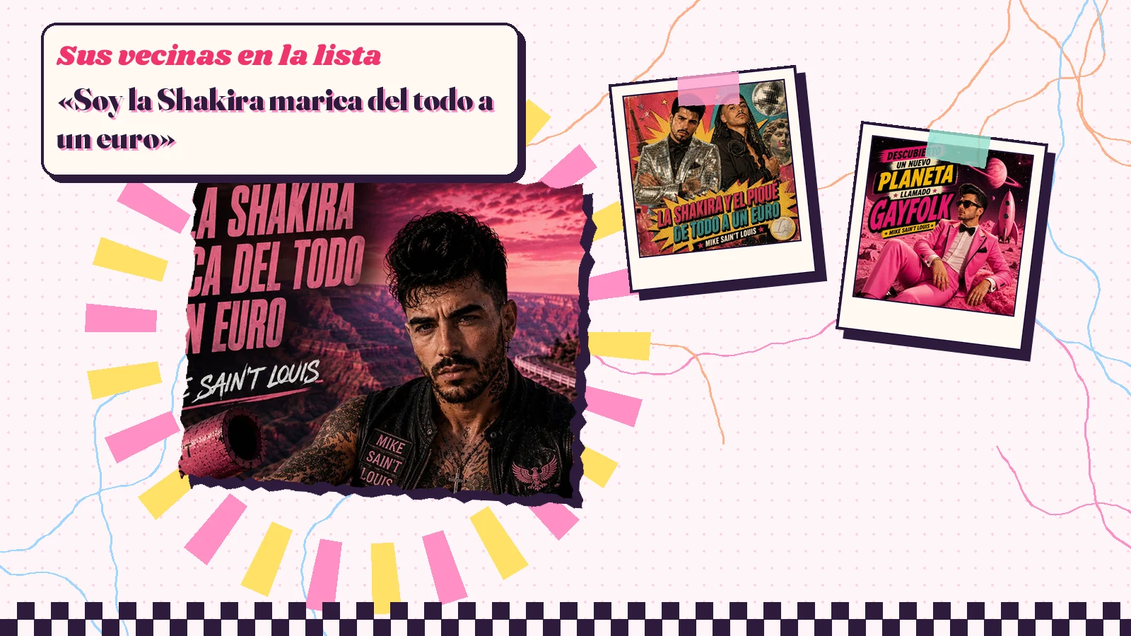 Collage with a detail of the «Soy la Shakira marica del todo a un euro» cover art and the covers of «La Shakira y el Piqué de todo a 1 euro» and «Descubierto un nuevo planeta llamado Gayfolk»