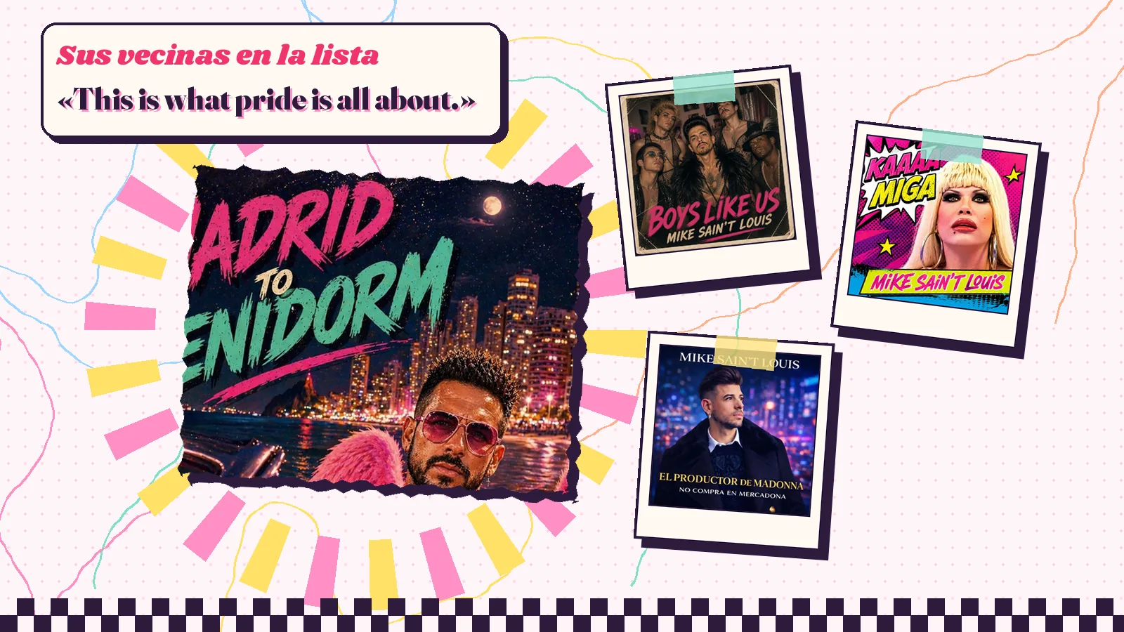 Collage con un detalle de la carátula de «Madrid to Benidorm» y las carátulas de «Boys like us», «Kaaa Miga», «El productor de Madonna no compra en Mercadona»