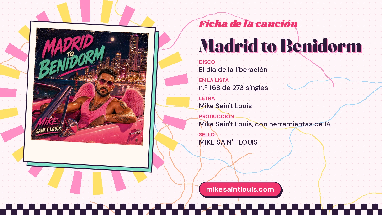 Ficha de la canción «Madrid to Benidorm» con su carátula: disco «El día de la liberación», letra y producción de Mike Sain't Louis