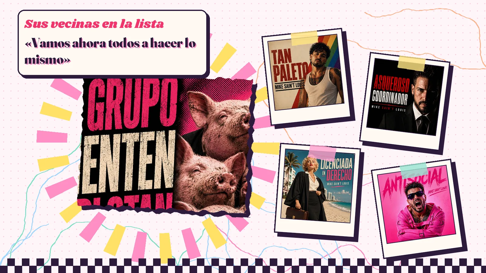 Collage con un detalle de la carátula de «En grupo mienten explotan siempre» y las carátulas de «Tan paleto», «Asqueroso coordinador», «Licenciada en derecho», «Antisocial»