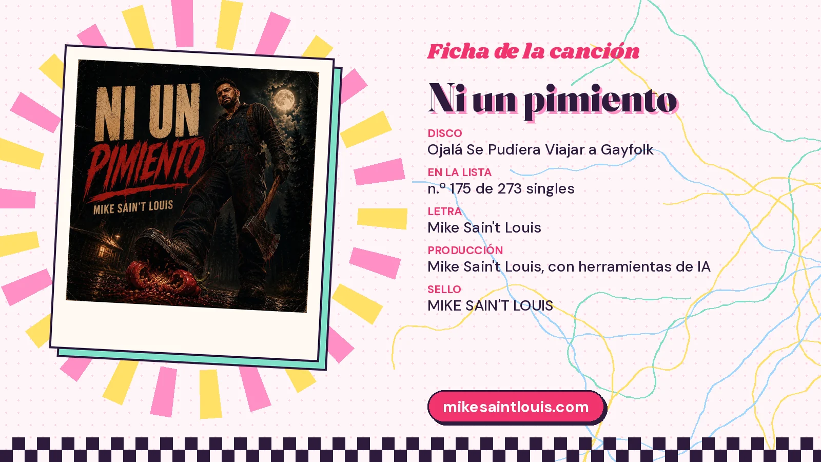 Ficha de la canción «Ni un pimiento» con su carátula: disco «Ojalá Se Pudiera Viajar a Gayfolk», letra y producción de Mike Sain't Louis