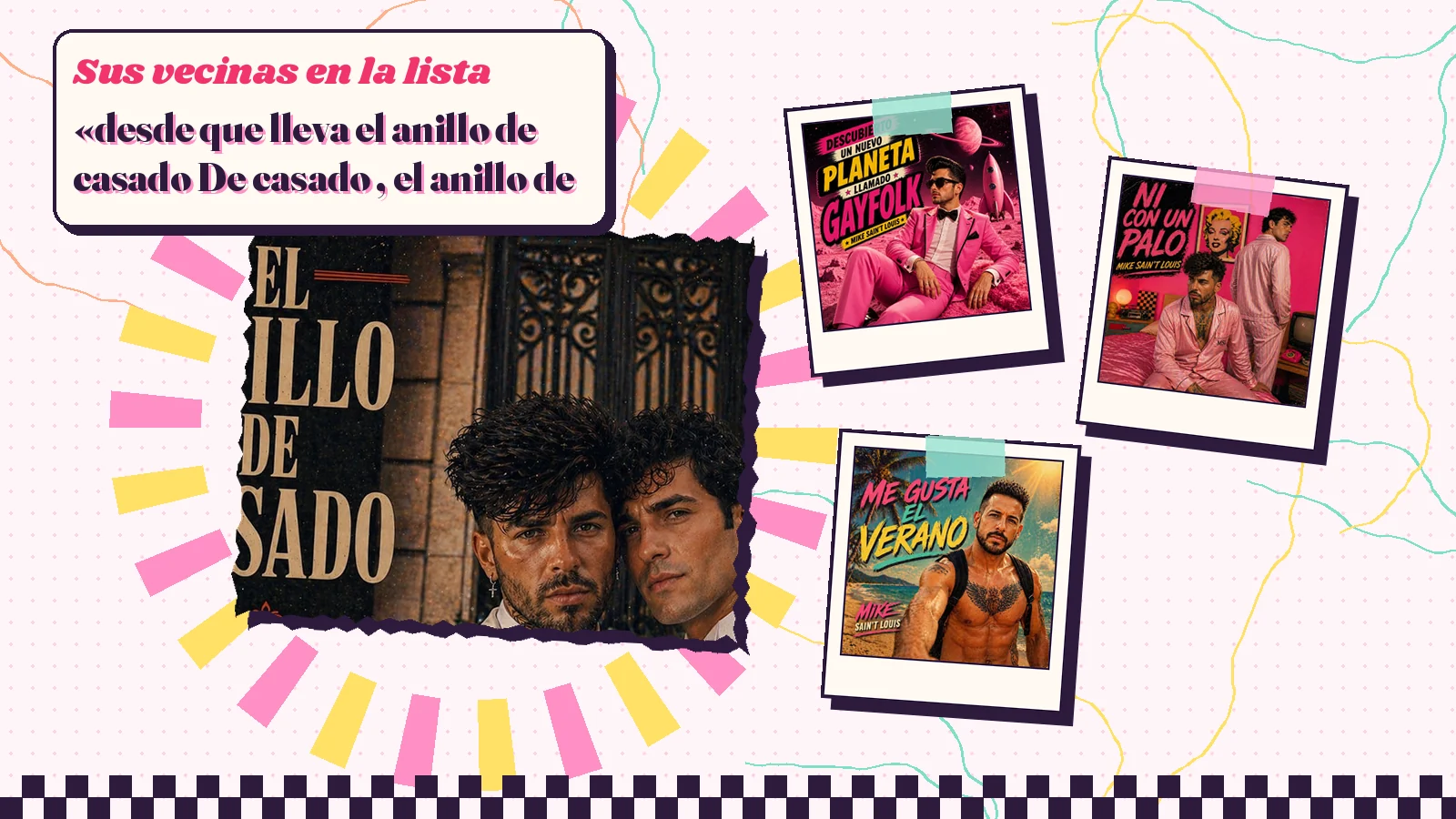 Collage con un detalle de la carátula de «El anillo de casado» y las carátulas de «Descubierto un nuevo planeta llamado Gayfolk», «Ni con un palo», «Me gusta el verano»