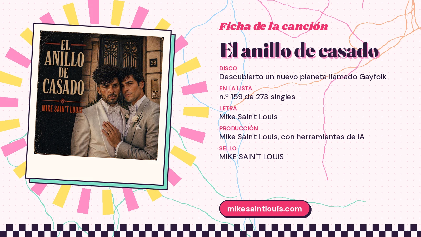 Ficha de la canción «El anillo de casado» con su carátula: disco «Descubierto un nuevo planeta llamado Gayfolk», letra y producción de Mike Sain't Louis
