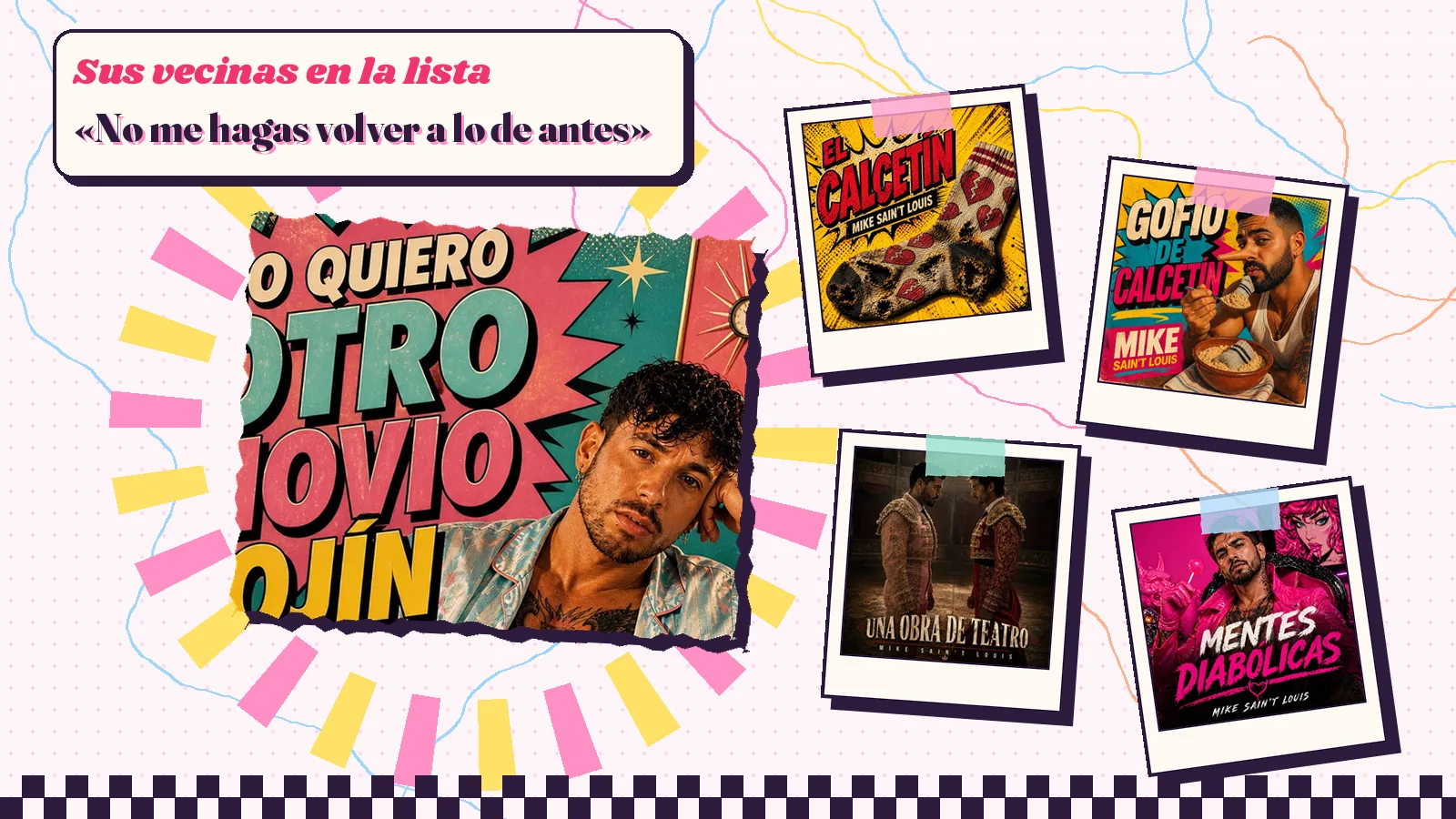 Collage con un detalle de la carátula de «No quiero otro novio cojín» y las carátulas de «El calcetín», «Gofio de calcetín», «Una obra de teatro», «Mentes diabólicas»