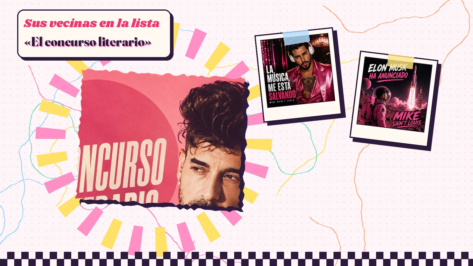Collage con un detalle de la carátula de «El concurso literario» y las carátulas de «La Música Me Está Salvando», «Elon Musk Ha Anunciado»