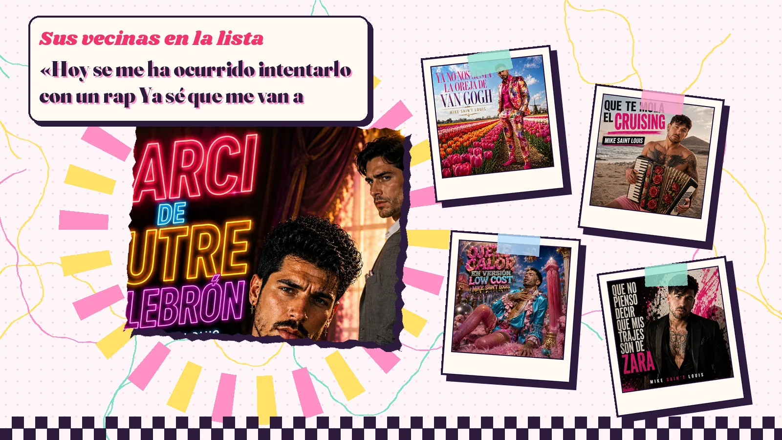 Collage con un detalle de la carátula de «Narci de cutre culebrón» y las carátulas de «Ya no nos gusta La Oreja de Van Gogh», «Que te mola el cruising», «Ojete calor en versión low cost», «¡Que no pienso decir que mis trajes son de Zara!»