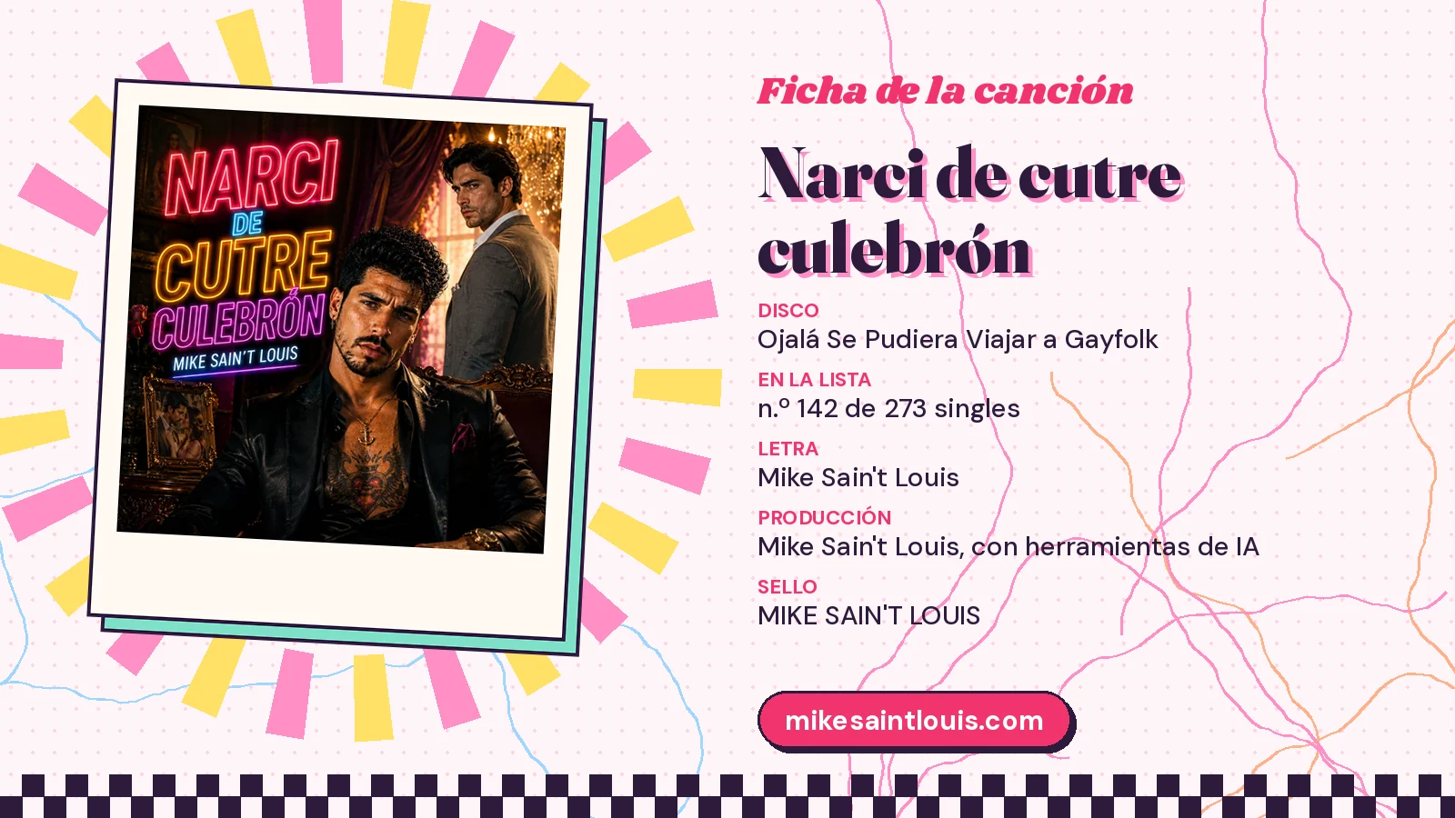 Ficha de la canción «Narci de cutre culebrón» con su carátula: disco «Ojalá Se Pudiera Viajar a Gayfolk», letra y producción de Mike Sain't Louis