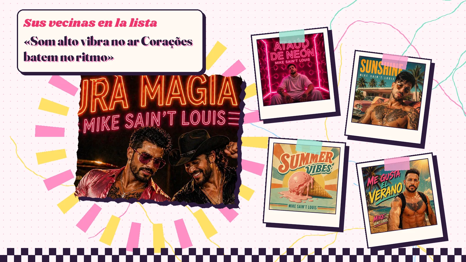 Collage with a detail of the «Pura magia» cover art and the covers of «Ataúd de neón», «Sunshine», «Summer vibes» and «Me gusta el verano»