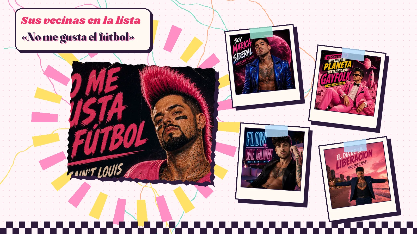 Collage con un detalle de la carátula de «No me gusta el fútbol» y las carátulas de «Soy marica sideral», «Descubierto un nuevo planeta llamado GAYFOLK», «Flow ⧸ We Glow», «El día de la liberación»